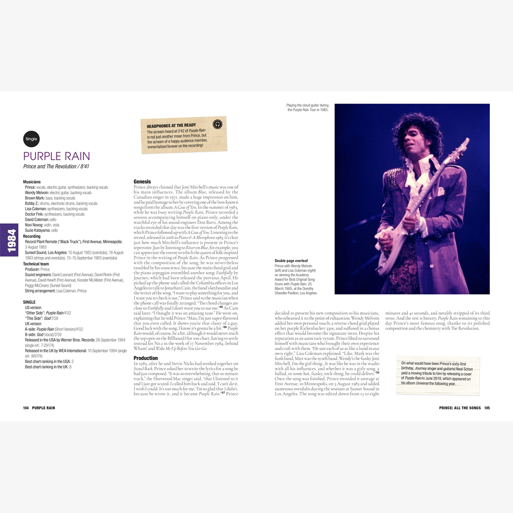 An interior spread, with photography of Prince